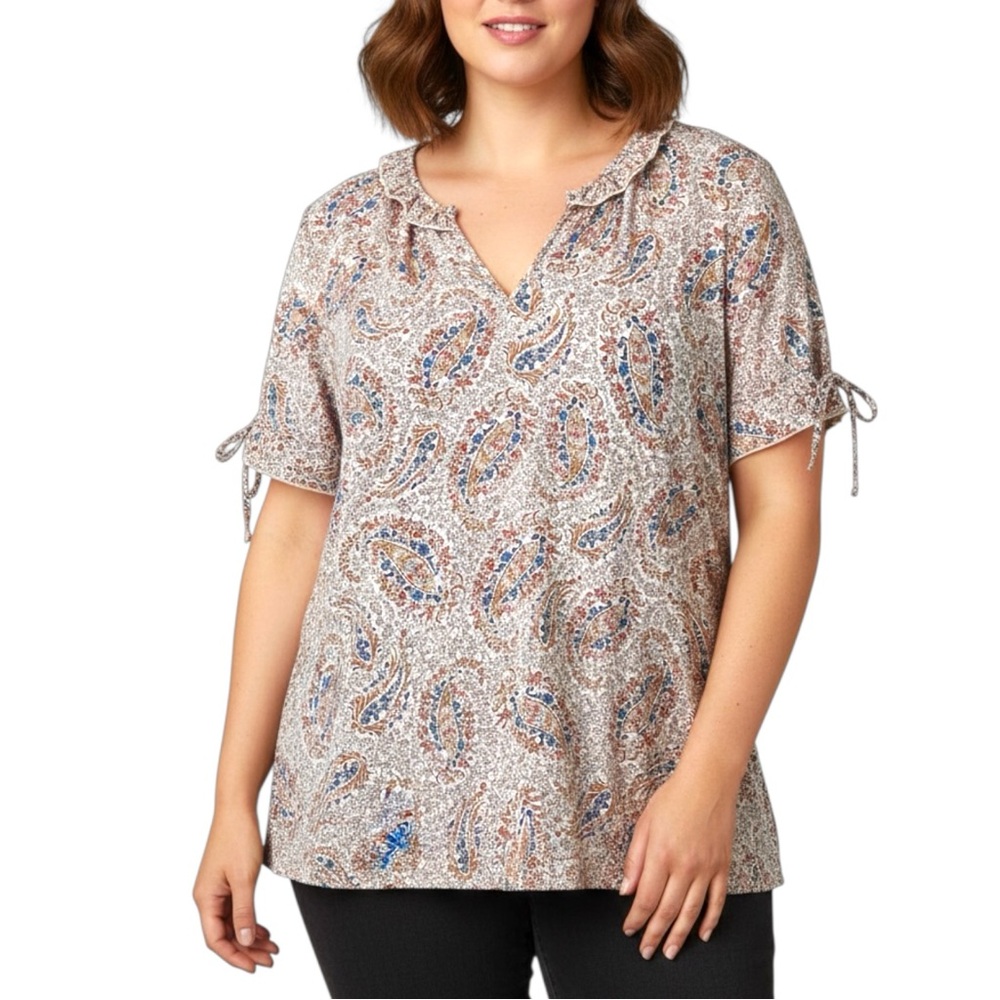 Haver London Sz 2X Satin Paisley V-Neck Ruffle Tie Sleeve Blouse Top Romantic